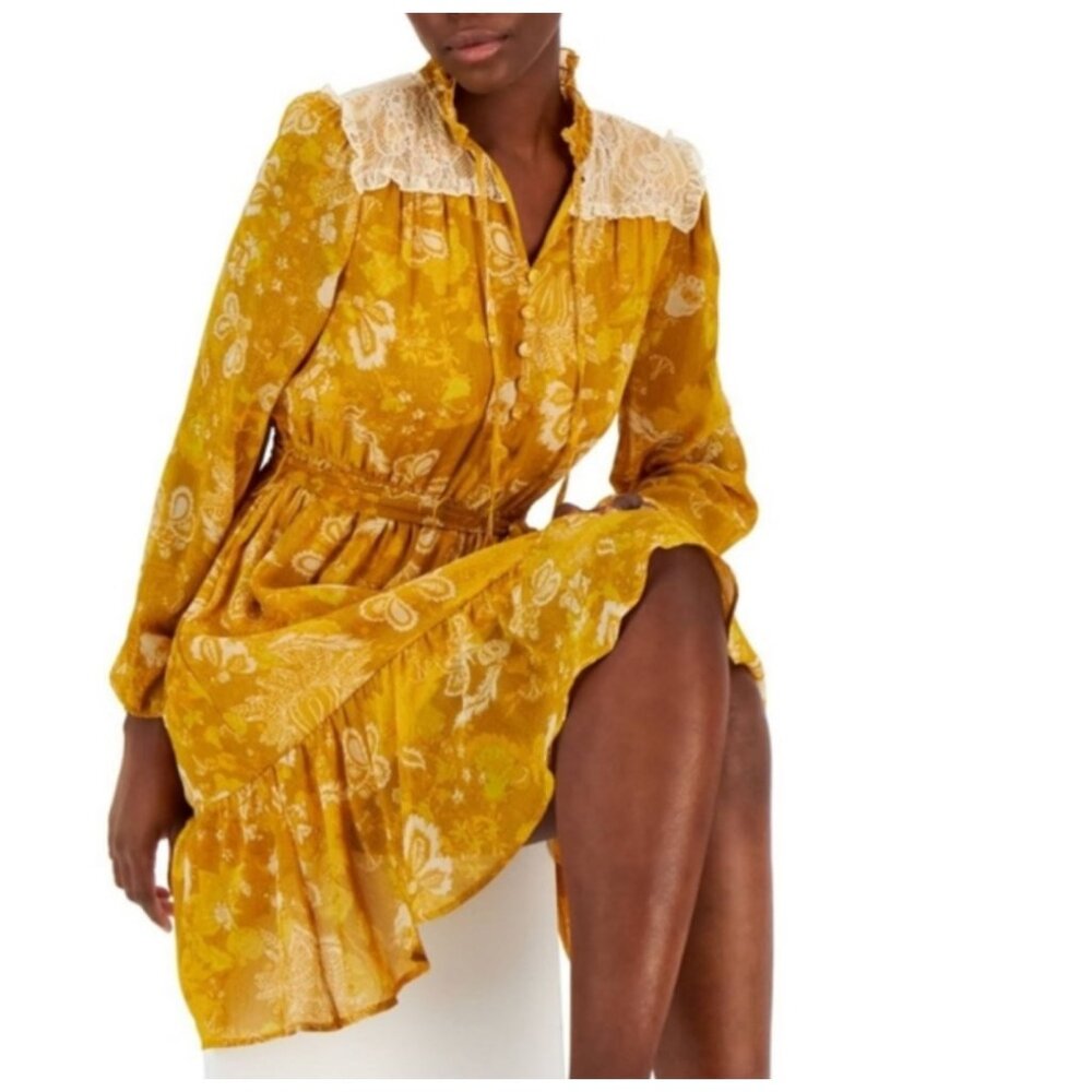 Tahari ASL Lace-Trim BOHO Tiered Split-Neck Dress in Mustard/Ivory Womens Size 4
